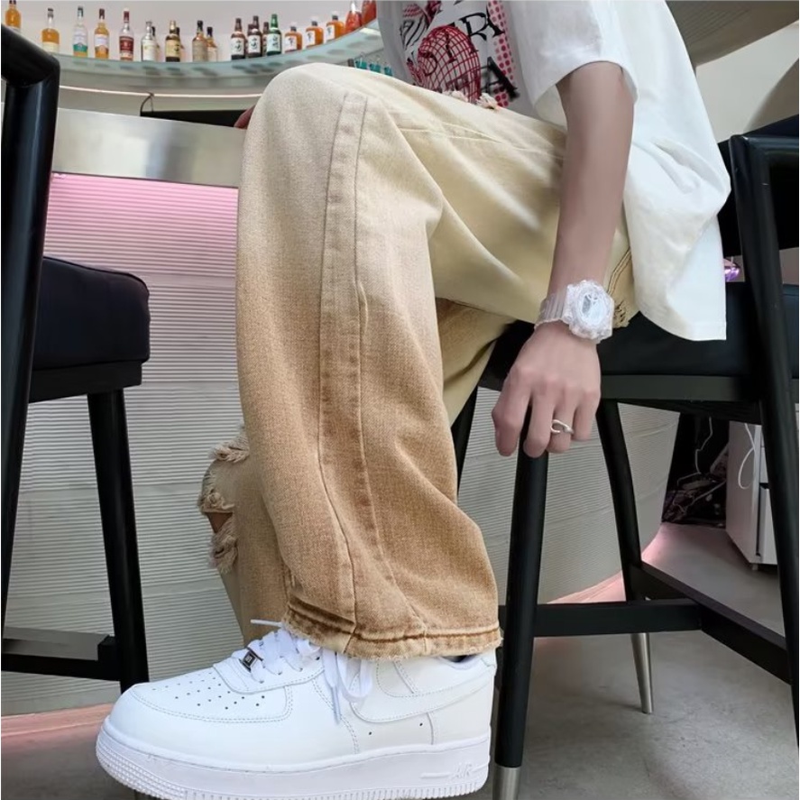 Quần Jeans Dài Rách Gối quần ống suông Thời Trang quần bò nam Dành phong cách Hàn Quốc quần jean nam retro quần bò nam rách gối