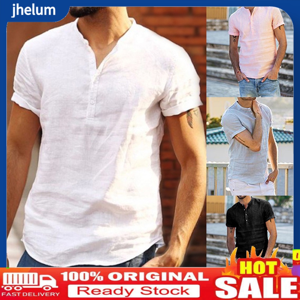 Áo Thun Cotton Lanh Ngắn Tay Cổ Chữ V Phối Nút Màu Trơn Thời Trang Mùa Hè Cho Nam
