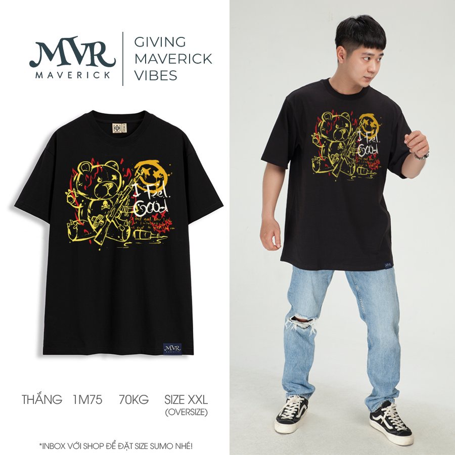 Áo thun đen trắng tay lỡ tôi in hình gấu teddy phong cách graffiti hiphop brand MVR có size rộng 110kg BB4161