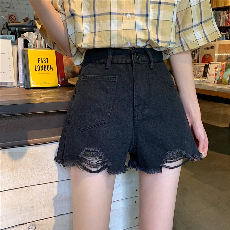 Quần đùi denim IHKKE màu đen lưng cao thời trang dành cho nữ