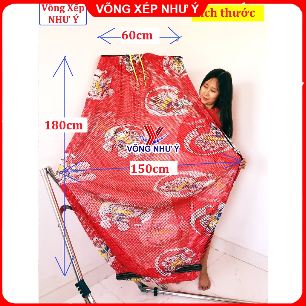 Lưới võng xếp cỡ đại hình Đôrêmon dễ thương hàng tiêu chuẩn Nhật Bản, lưới võng cán thép cho người lớn dày rộng đủ màu