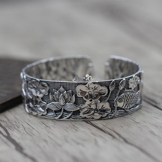 Vòng tay cá chép hoa sen bạc nguyên chất