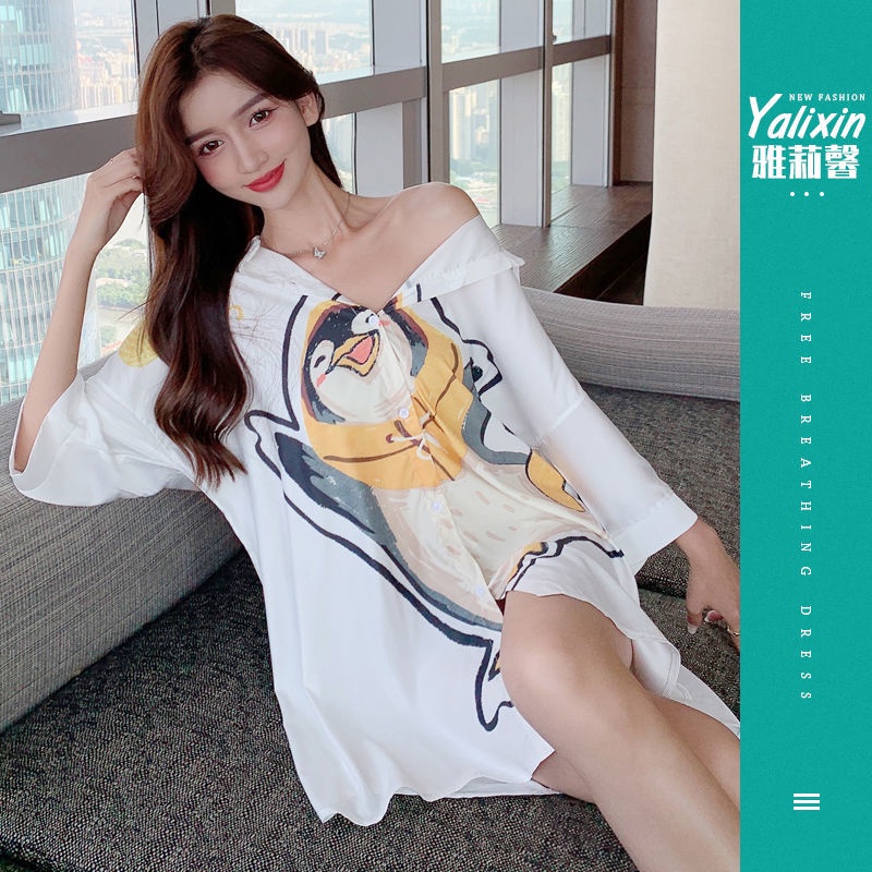 Bộ đồ ngủ vải voan lụa mỏng dáng dài vừa phải thời trang xuân thu hàng mới dành cho bạn nữ 2021
