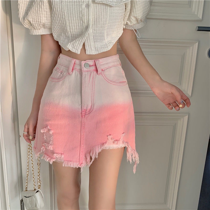 Chân váy jean Hồng gradient Lưng Cao Thời Trang Mùa Hè Cho Nữ
