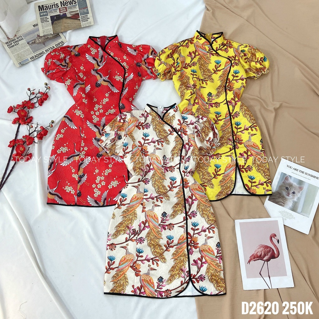 Đầm hoa ôm cổ tàu xinh xắn , váy nữ chất mịn D2620