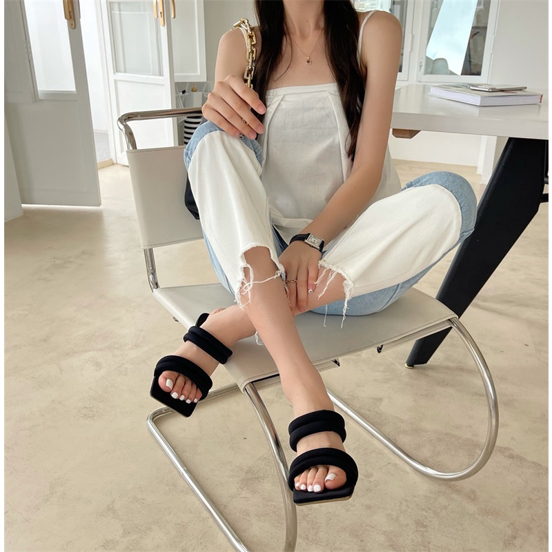 Guốc cao gót hai dây ngang bản to 7cm  4 màu đen - be - vàng - hồng - THAO CLOVER