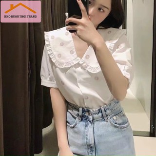 Áo Sơ Mi Thêu Nổi Hoa Cúc Cổ Bèo Tiểu Thư