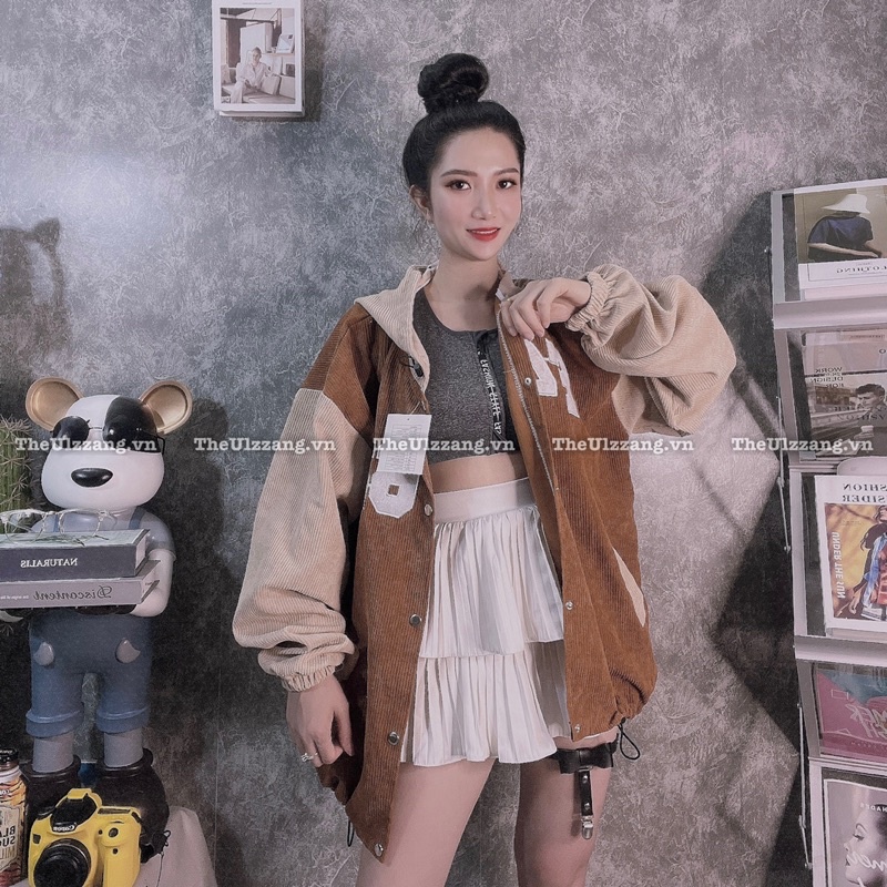 Áo khoác nhung tâm nút bấm form rộng nam nữ hàng quảng châu thêu AM F462 NÓN - NT1005