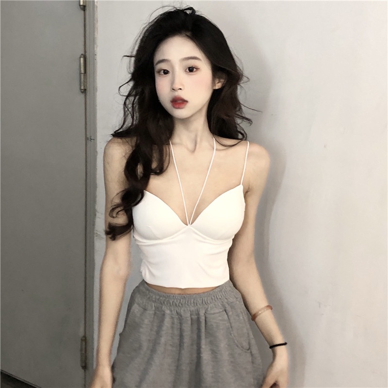 Áo croptop Xiaozhainv hai dây màu trơn có đệm ngực thời trang mùa hè quyến rũ cho nữ