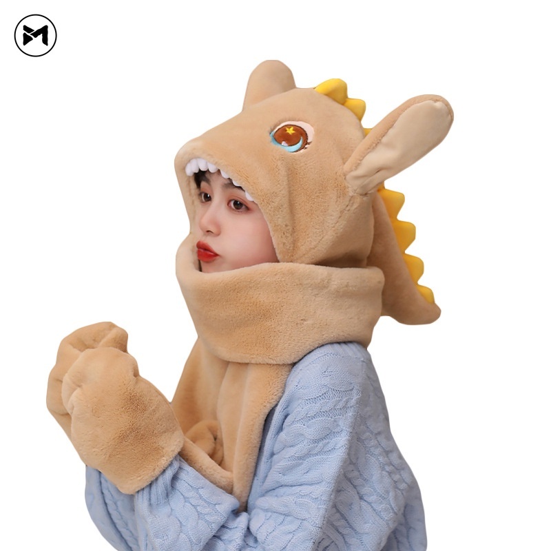 Bộ Đồ Chơi Thú Nhồi Bông Hình Khủng Long Dễ Thương Giữ Ấm Tai Và Khăn Choàng Cổ Dày Dặn