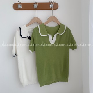 Áo len mỏng cộc tay cổ bẻ viền màu