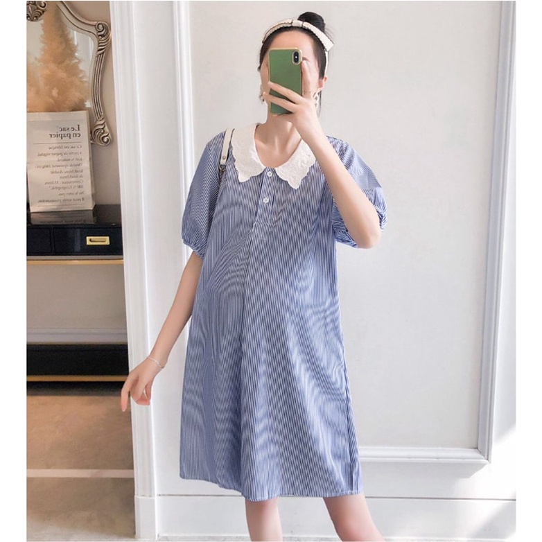 Váy đầm bầu sọc kẻ cổ sơ mi thiết kế công sở, dự tiệc cho mẹ bầu phong cách hàn quốc sang trọng lịch sự mới mùa hè