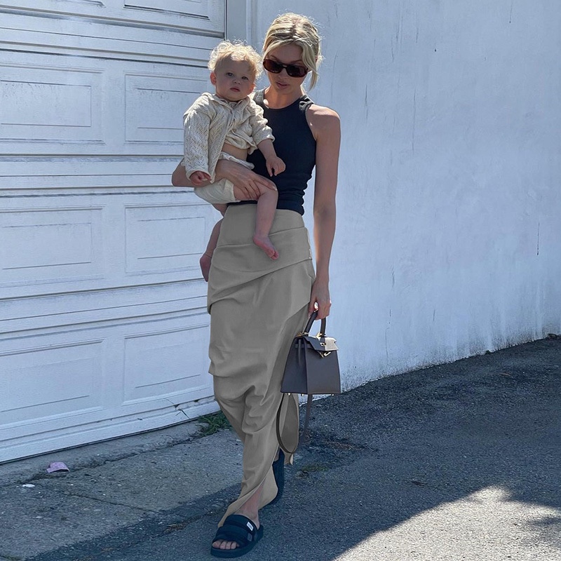 DUNEA Chân Váy Dài Lưng Cao Xẻ Tà Phối Khóa Kéo Phong Cách Đường Phố Cá Tính Cho Nữ