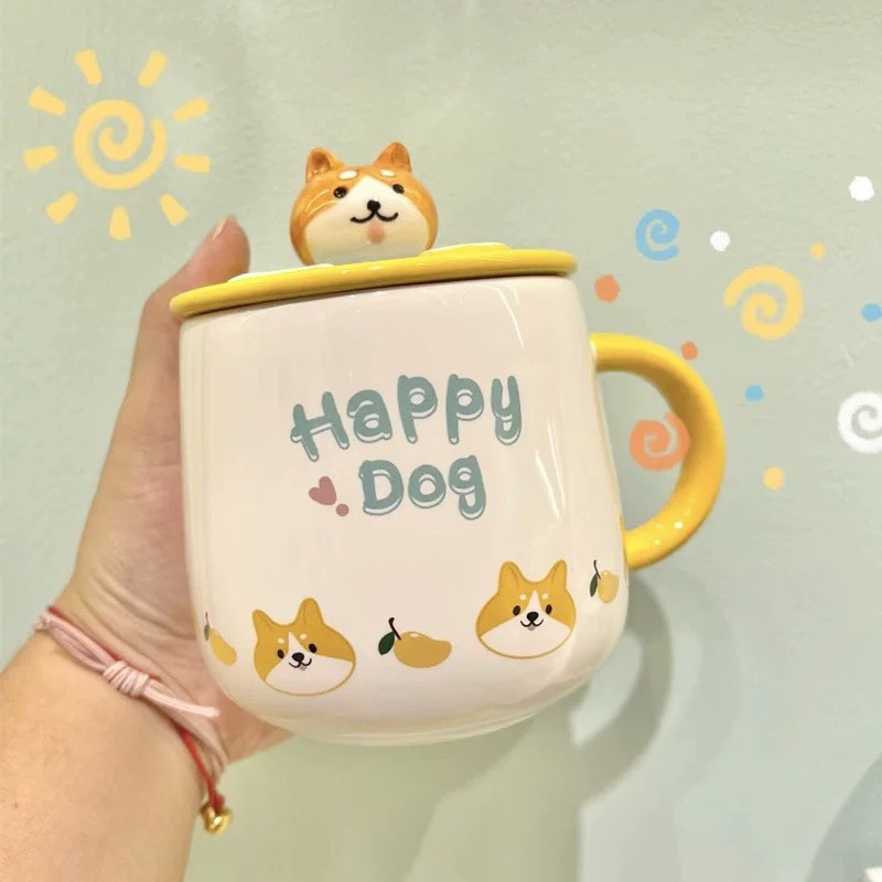 QUÀ LƯU NIỆM CỐC SỨ SIÊU KUTE  CỐC UỐNG TRÀ  kèm nắp và thìa