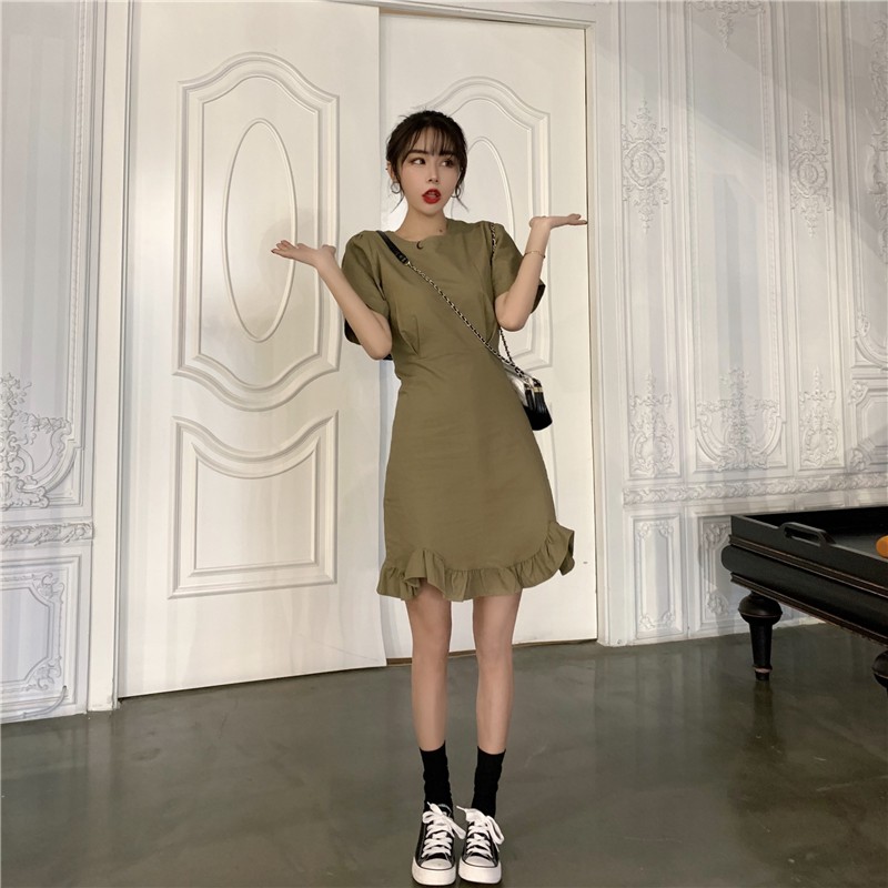 Đầm ngắn tay màu trơn đơn giản thiết kế lưng cao phong cách Hàn Quốc cho nữ