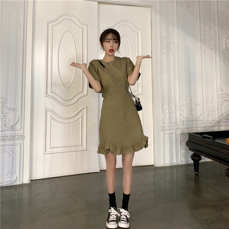 Đầm ngắn tay màu trơn đơn giản thiết kế lưng cao phong cách Hàn Quốc cho nữ | BigBuy360 - bigbuy360.vn