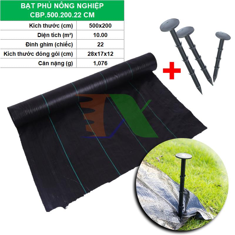 Combo Bạt phủ nông nghiệp CBP.500.200.22, Bạt pp giữ ẩm cho đất diệt cỏ dại kèm Đinh ghim(500x200 cm) + 22 ghim