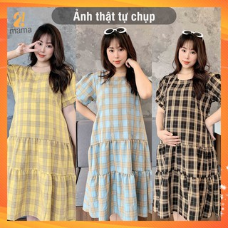 Đầm bầu thời trang thiết kế cao cấp dự tiệc – váy bầu đuôi cá 3 tầng chất dày dặn họa tiết caro