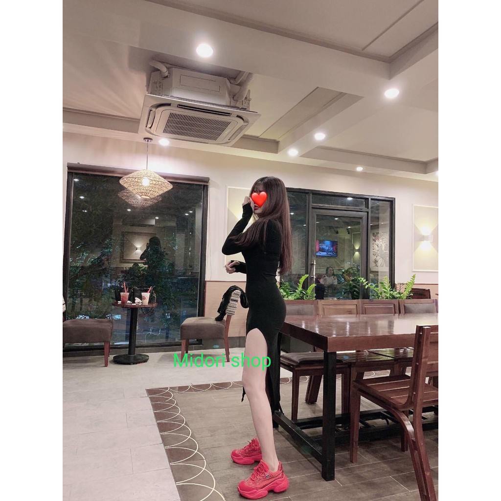 Đầm body nữ xẻ đùi cổ tròn dài tay form dài chất thun dày dặn co giãn, váy ôm cổ kín body nữ xinh MIDORI247