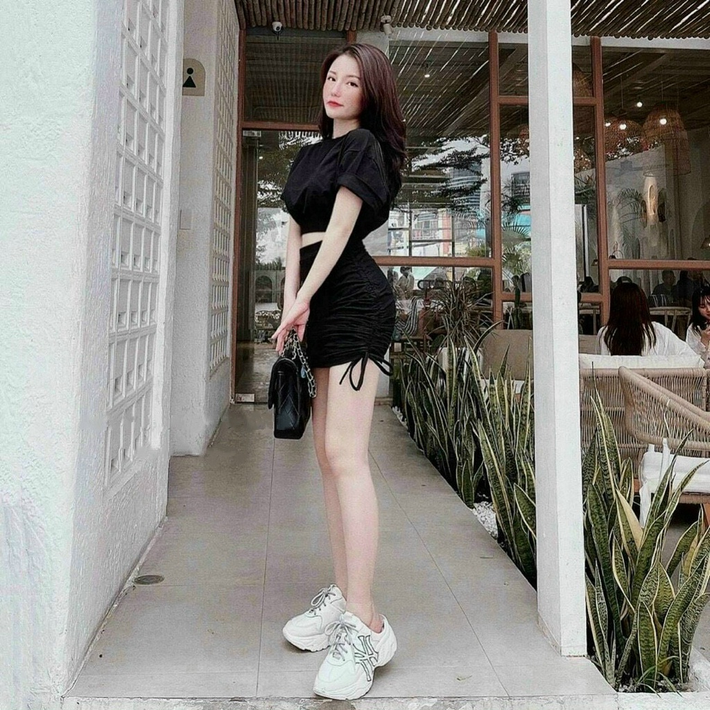 Sét áo croptop cổ tròn kèm chân váy rút dây, sét đồ nữ áo croptop chân váy rút dây 2 bên đi chơi, du lịch MHS04