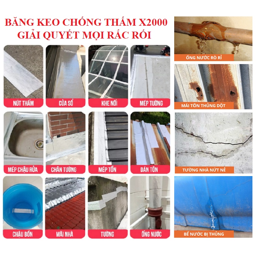Băng keo chống thấm x2000 băng keo siêu dính Nhật Bản chống thấm dột, dán tường, dán mái tôn, dán ống nước 5cm x 5m 10cm