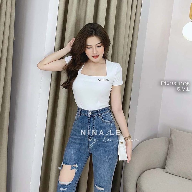 Quần jeans rách đùi lưng cao