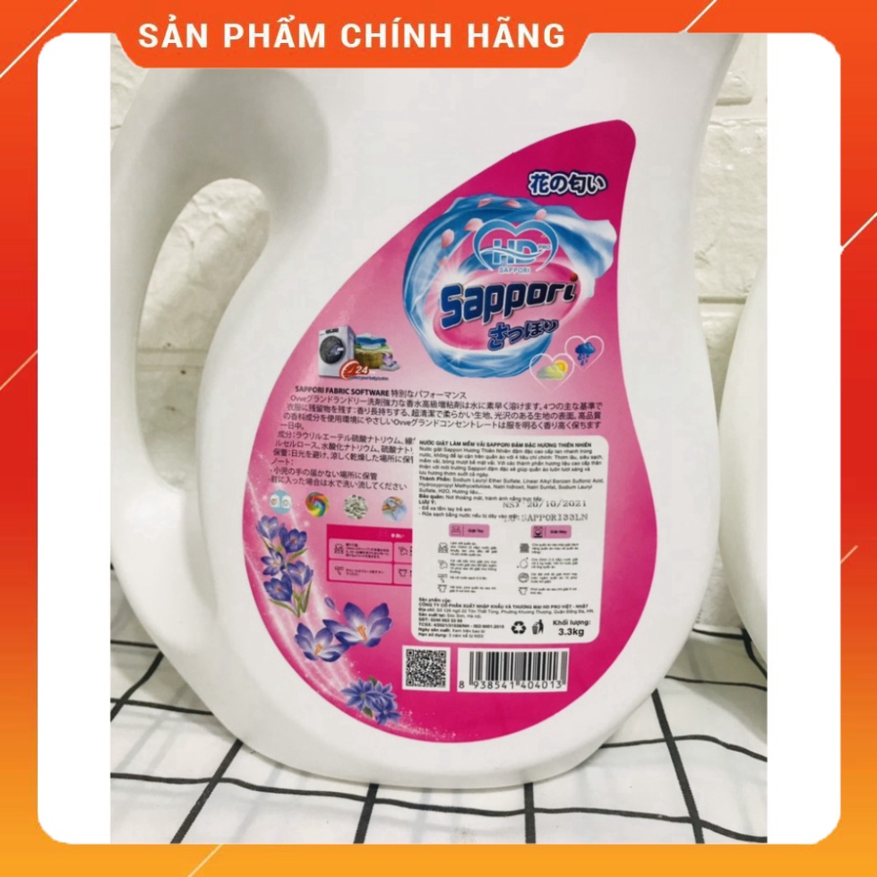 Nước Giặt Xả Quần Áo Sappori Nhật Bản - Hương Nước Hoa, An Toàn Cho Da Chai 3,3kg