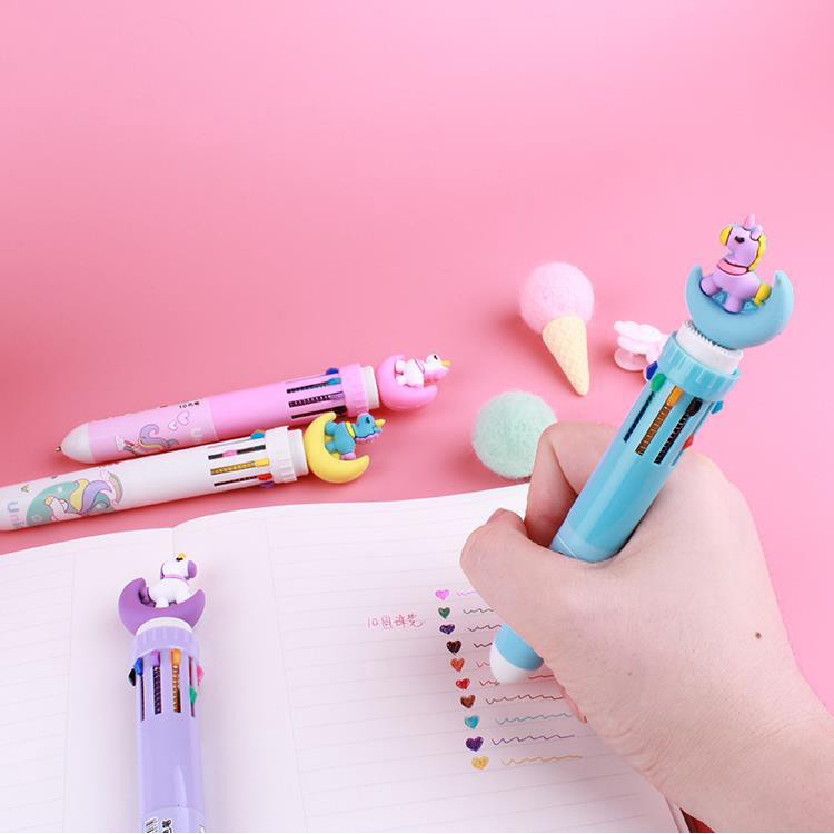 Bút ngòi bi 10 màu trong 1 phối hình kỳ lân mặt trăng dễ thương cho học sinh