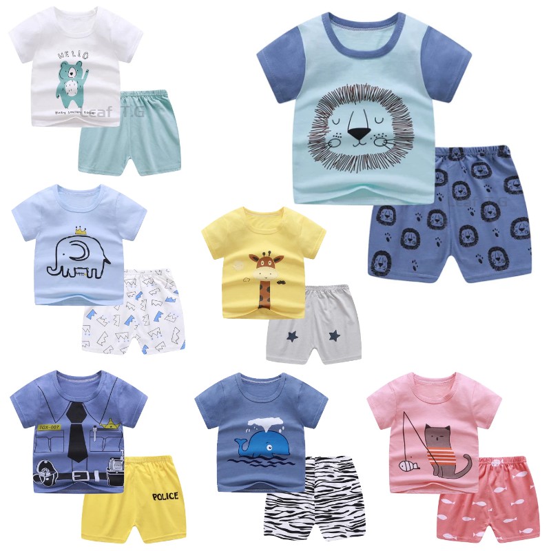 Bộ áo thun vải cotton tay ngắn + quần đùi họa tiết hoạt hình ngộ nghĩnh dành cho bé trai 1-5 tuổi