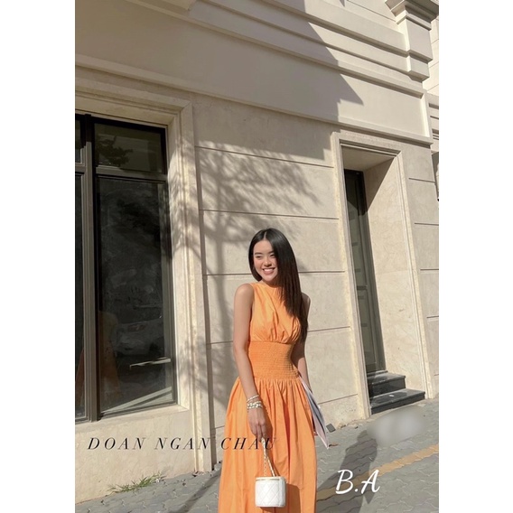 Đầm dáng dài phối dây lưng nhún eo