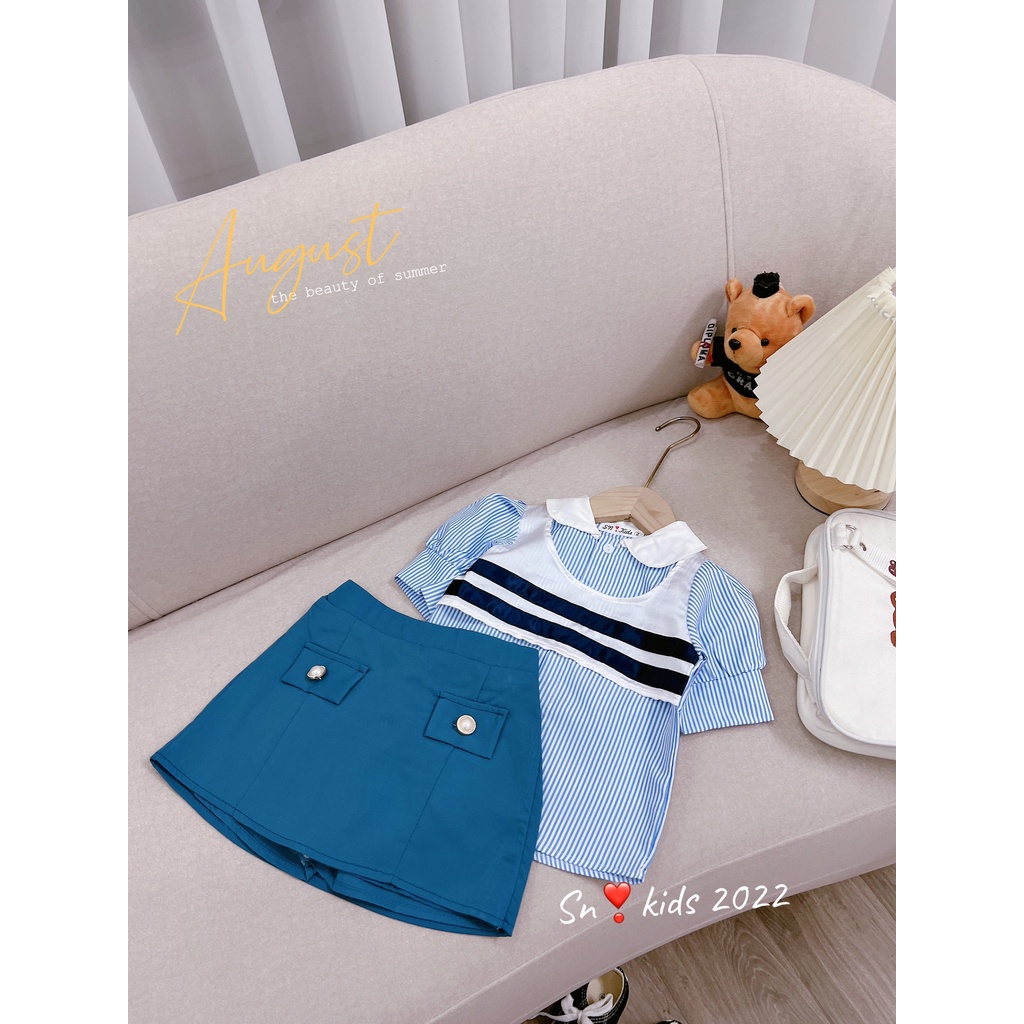 Set váy xanh phối kiểu lạ mắt bé gái