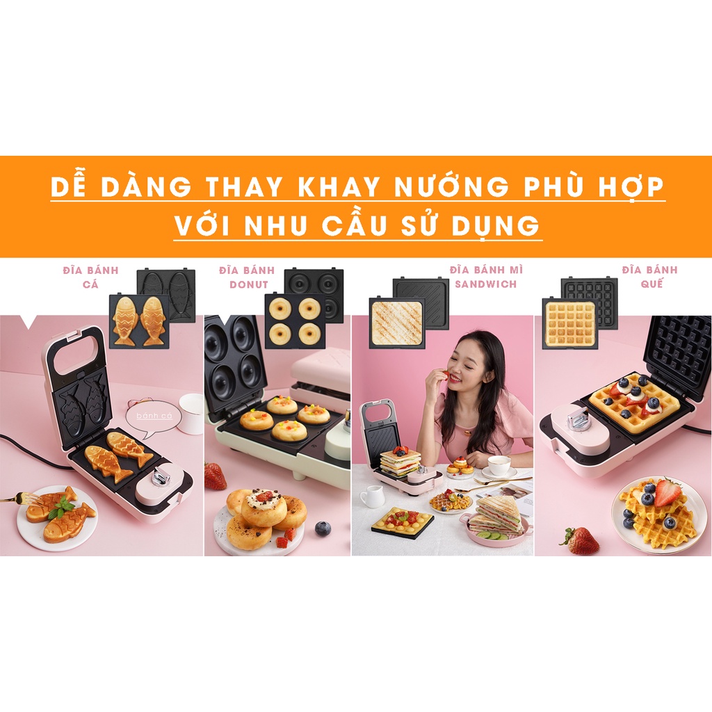 Máy Kẹp Nướng Bánh Mì Sandwich,Waffle Ăn Sáng Cao Cấp Đa Năng Tiện Lợi 650W Kèm 2 Đôi Khuôn Sẵn (Tặng ổ 3 chân sang 2)