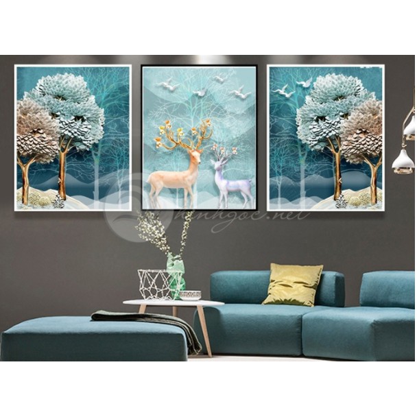 A21 Bộ 3 Tranh Treo Tường Phòng Khách/ Ngủ/ Decor nhà nghỉ khách sạn Hươu Sao Và Dải Ngân Hà