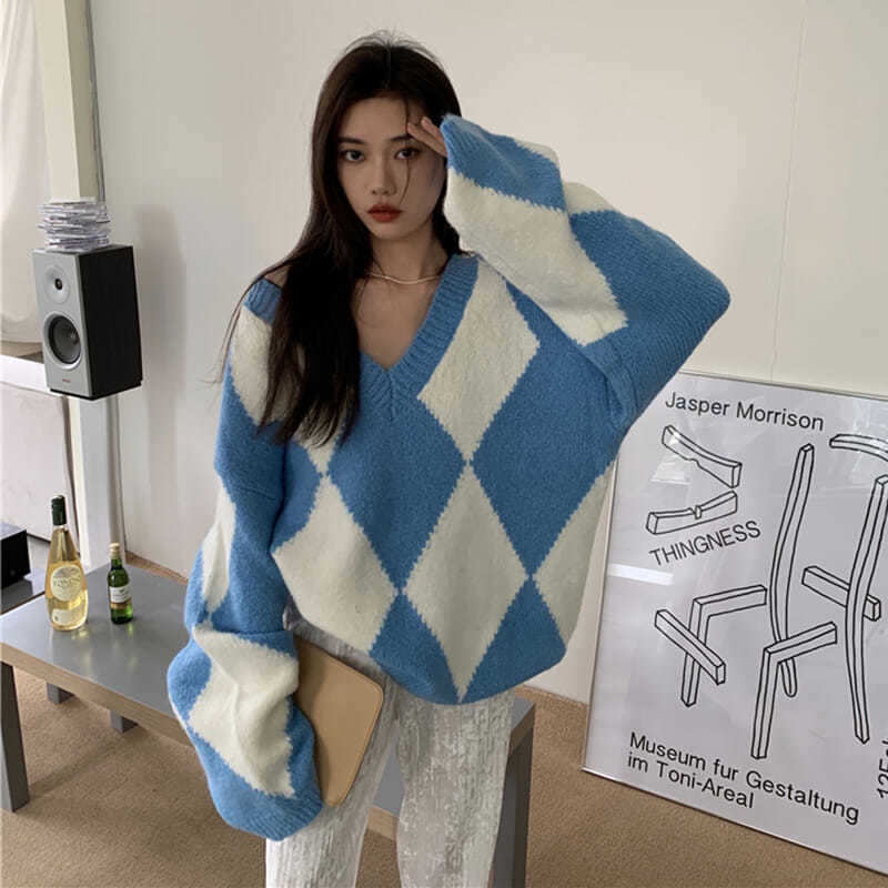 Áo sweater dệt kim dày cổ chữ v dáng rộng tay dài phong cách Hàn Quốc thời trang mùa thu mới 2021