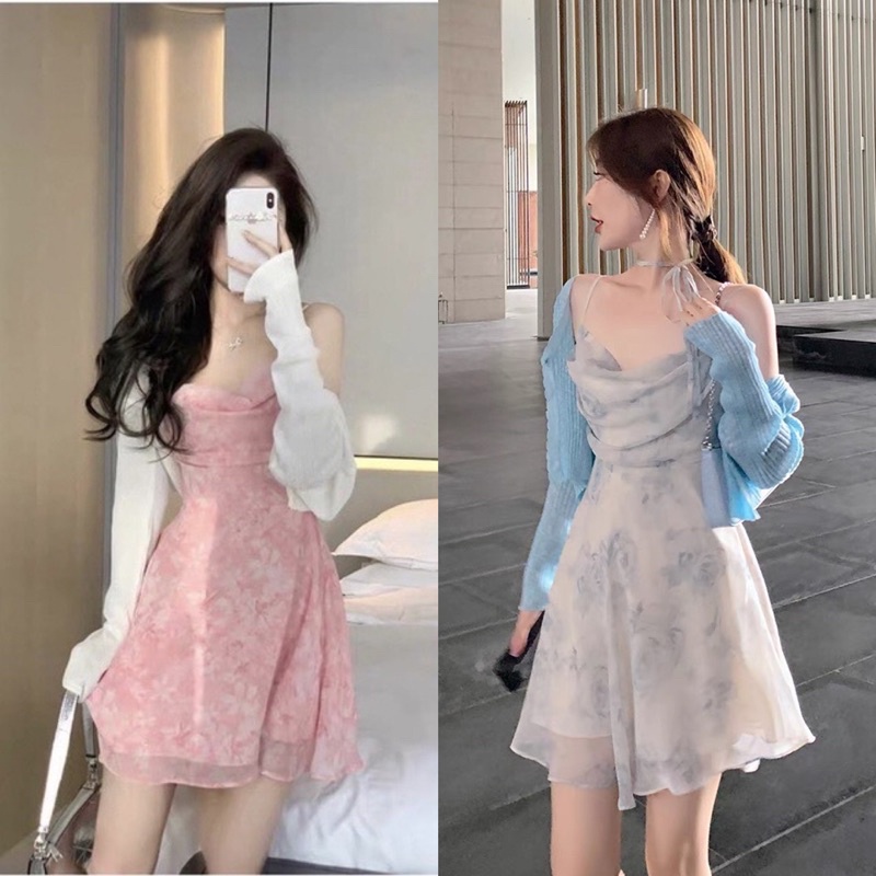 Set đầm hoạ tiết hồng 2 dây cut-out lưng kèm áo croptop khoác trắng