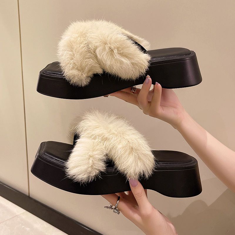 Dép Lông Xù Mũi Vuông Đế Dày Thời Trang Mùa Thu 2022 Mới Cho Nữ