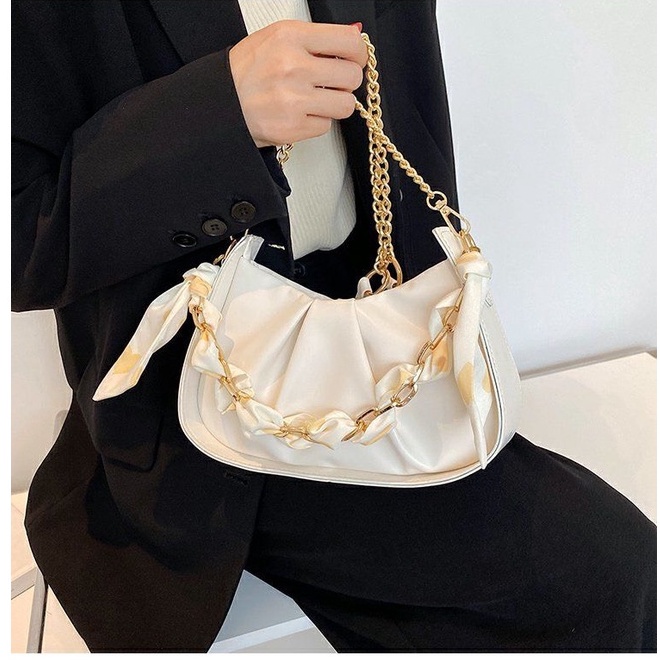 Túi xách nữ -  - Túi kẹp nách trắng xếp ly xích voan lụa họa tiết trái tim vàng