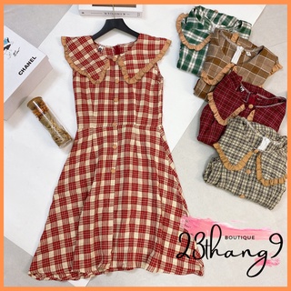 Đầm sơ mi dáng midi sọc caro cổ bẻ chiết eo đi tiệc đi chơi đi biển freesize 23thang9 boutique