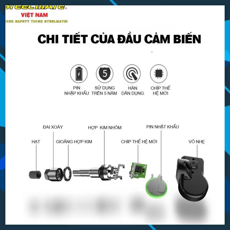 Cảm biến áp suất lốp van trong chính hãng STEELMATE hiển thị thông số - BẢO HÀNH 12 THÁNE có màn hình màu hiG