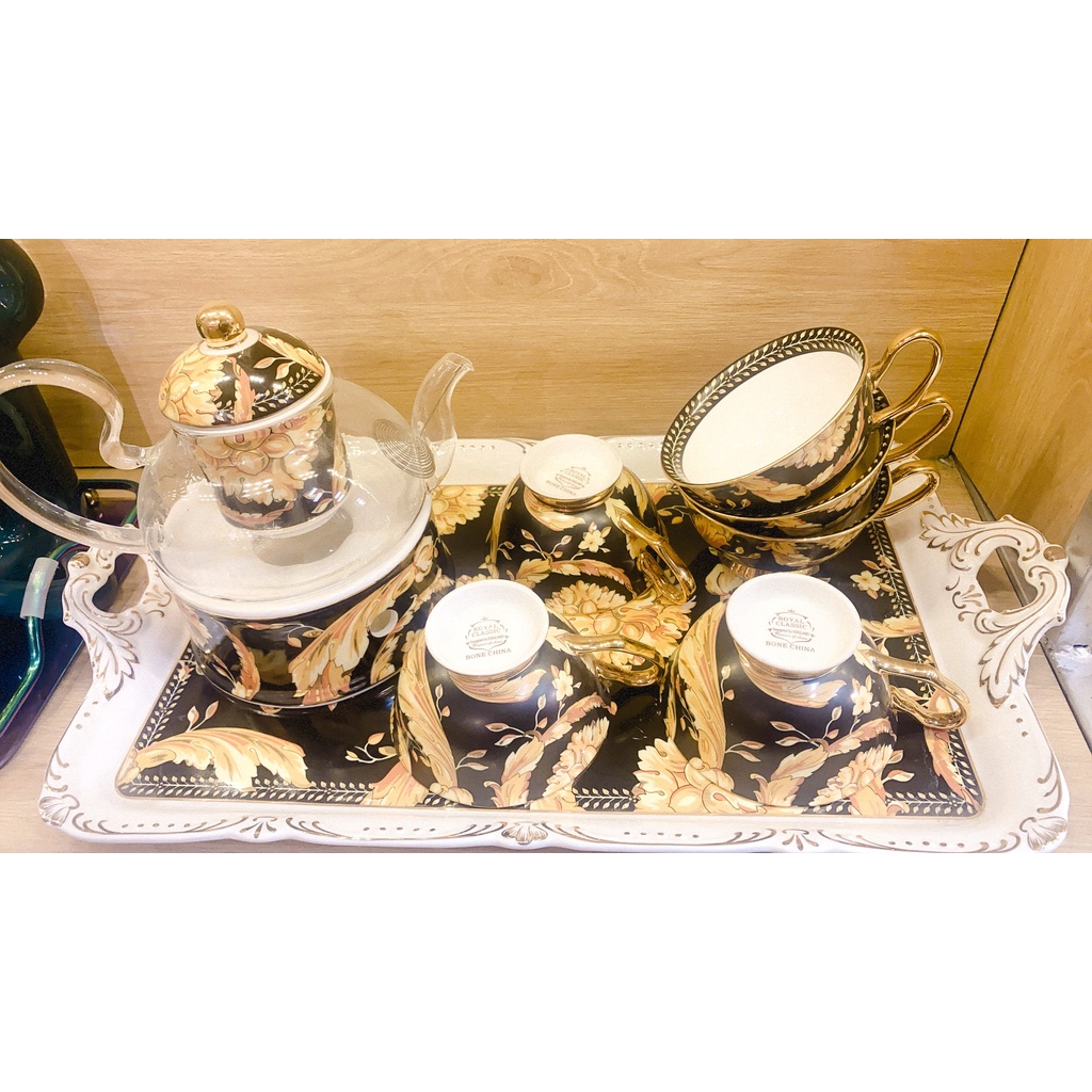 Bộ ấm chén, set trà đen vàng, chất liệu sứ xương cao cấp, có hộp, sang trọng, đăng cấp hoàng gia, hoa đen