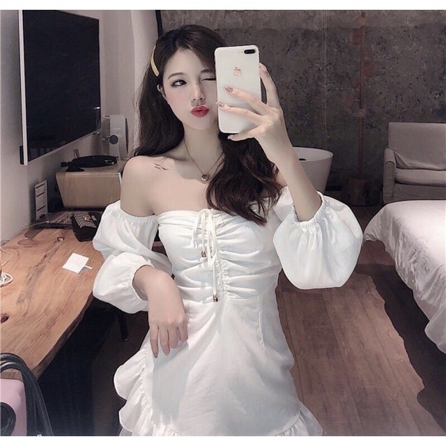 [ẢNH THẬT] Váy Đầm Trễ Vai Dây Thắt Nhún Có Mút Ngực | BigBuy360 - bigbuy360.vn