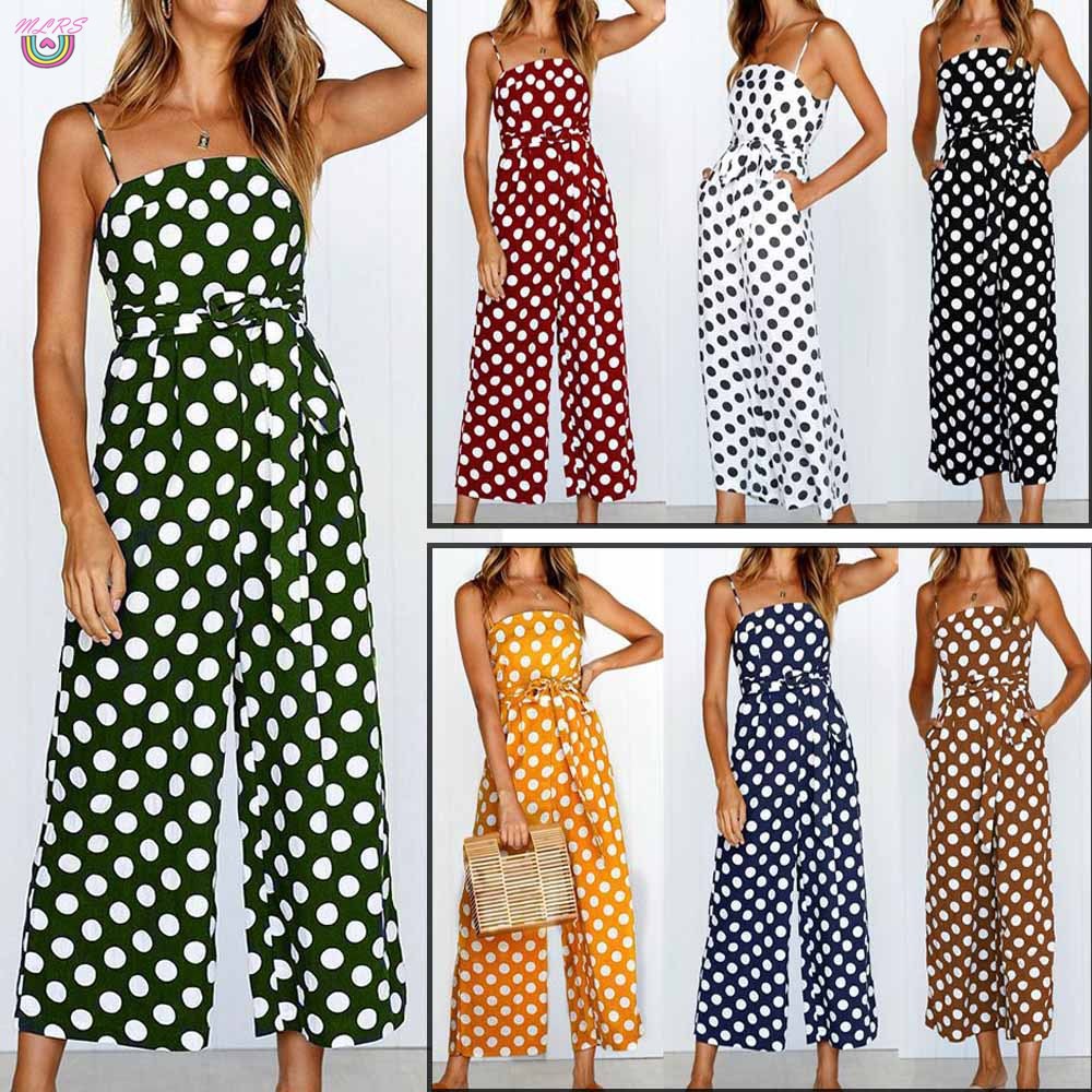 Jumpsuit Hai Dây Ống Rộng Họa Tiết Chấm Bi Thời Trang Đi Biển Cho Nữ