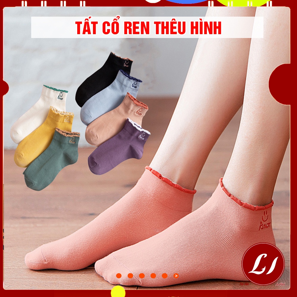 Set 5 đôi Tất ren nữ THÊU HÌNH cotton mềm mịn, giữ ấm chân / tất cổ ngắn