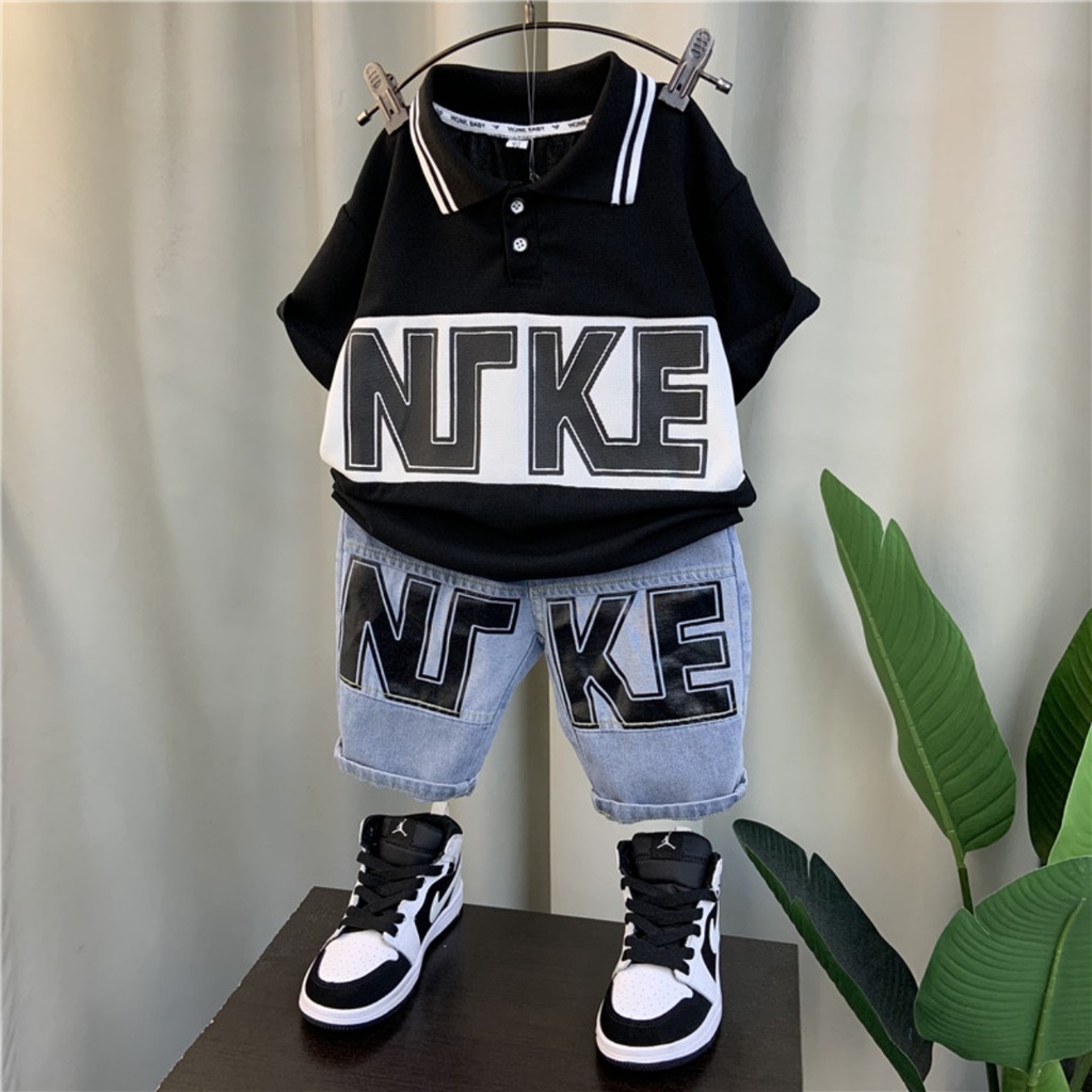 Bộ quần áo cộc tay bé trai, bộ áo có cổ chữ và quần short jean NI.KE cho bé