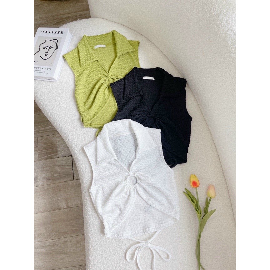 Áo thun croptop ba lỗ cổ bẻ kiểu khoen ngực xinh buộc dây chất thun xốp hột