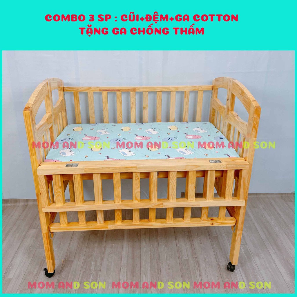 Nôi Cũi Cho Bé Chất Liệu Gỗ Thông Xuất Khẩu Màu Tự Nhiên Kích Thước [110x70x96] MOM AND SON- BH 12 Tháng