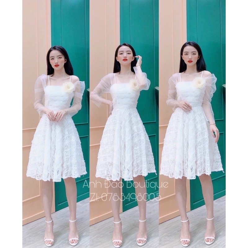 Váy đầm dự tiệc xòe công chúa rớt vai hai dây chất ren lưới cao cấp tặng kèm hoa V0099 màu trắng nude hồng AĐ BOUTIQUE