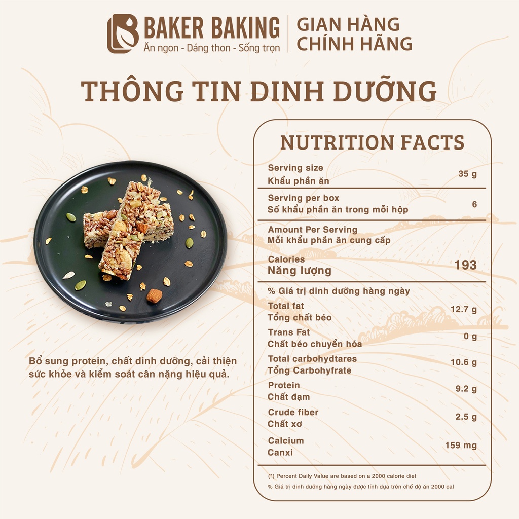 Protein bar Baker Baking bổ sung dinh dưỡng, thanh năng lượng tiện lợi phù hợp ăn vặt, ăn chay, ăn kiêng và tập luyện