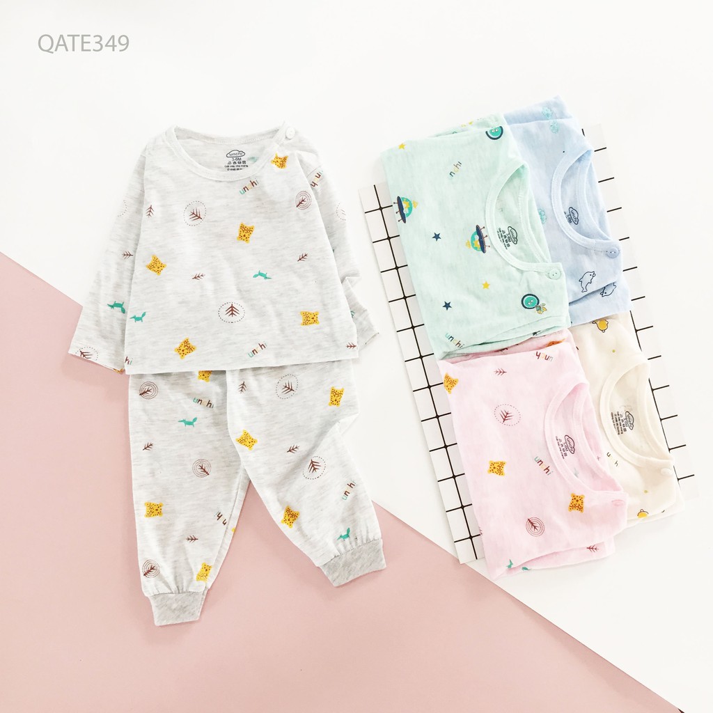 Bộ Dài Tay Cài Vai UNCHI Bé Trai, Bé Gái Chất Cotton Họa Tiết Nền Màu,Bộ Dài Tay Thu Đông Cho Bé Namkidshop (QATE349)