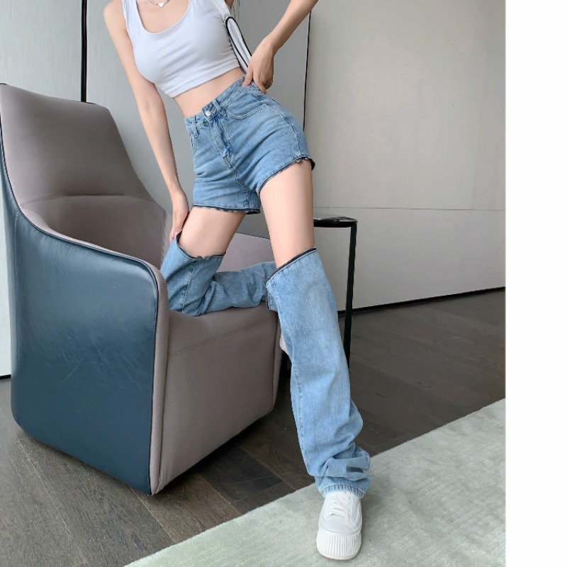 Quần Jean Ống Rộng Lưng Cao Có Dây Kéo Có Thể Tháo Rời Thời Trang Mới Cho Nữ